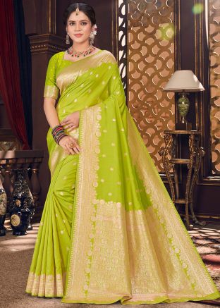 Parrot Green Zari Woven Saree In Silk
