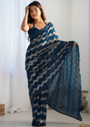 Blue Embroidered Saree In Georgette