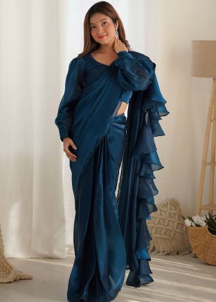 Blue Pre-Stitched Saree In Orgamza