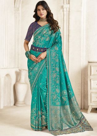 Blue Woven Silk Saree With Blouse