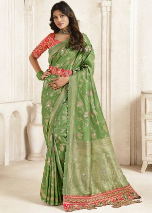 Green Silk Saree In Woven Work
