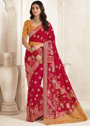 Red Silk Saree In Woven Work