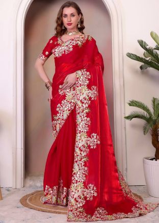 Red Embroidered Border Saree In Organza