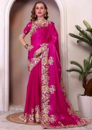 Pink Embroidered Organza Saree With Blouse