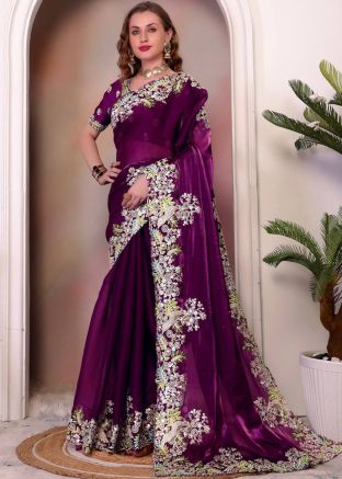Purple Organza Saree In Dori Embroidery