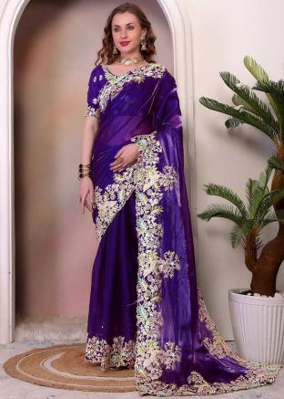 Royal Blue Embroidered Saree In Organza
