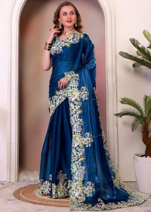 Teal Blue Organza Saree With Embroidered Border