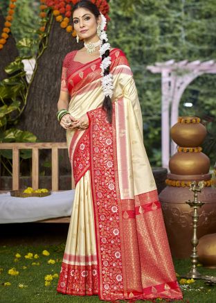Art Silk Zari Woven Saree In Off White