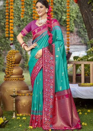 Turquoise Zari Woven Saree In Art Silk