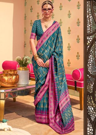 Blue Art Silk Saree In Printed