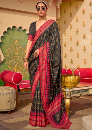 Black Art Silk Saree In Printed