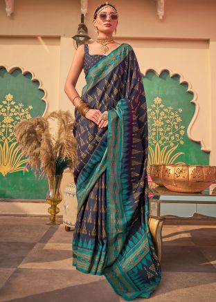 Blue Art Silk Saree In Printed