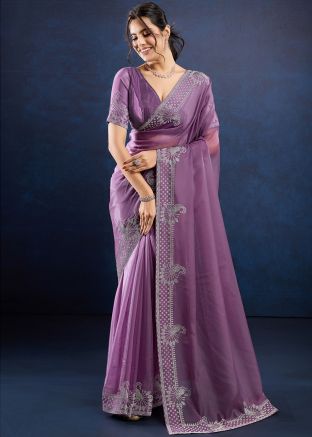 Purple Embroidered Saree In Silk