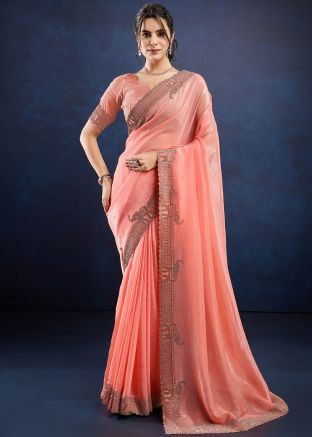 Peach Embroidered Saree In Silk