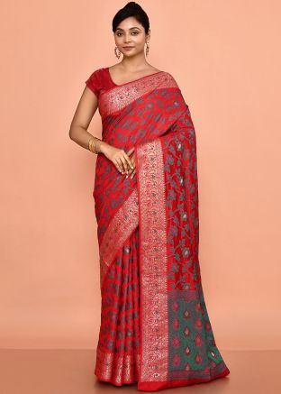 Red Zari Woven Work Saree In Silk