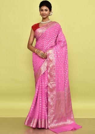 Pink Zari Woven Work Saree In Silk