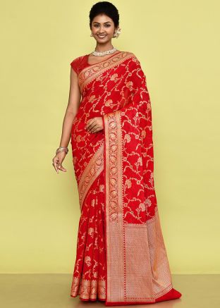 Red Zari Woven Work Saree In Silk