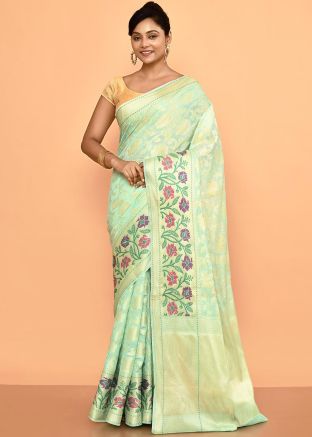 Green Silk Saree In Zari Woven Work