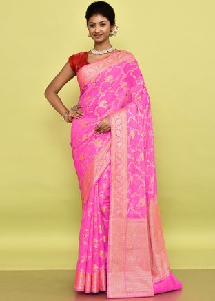 Pink Zari Woven Work Saree In Silk