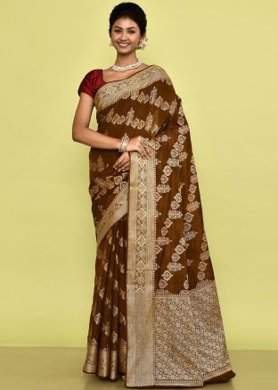 Brown Zari Woven Saree In Silk