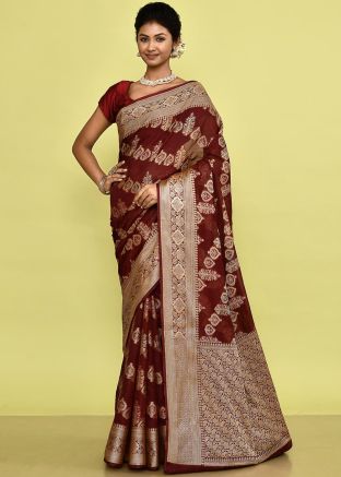 Maroon Silk Saree In Zari Woven Work