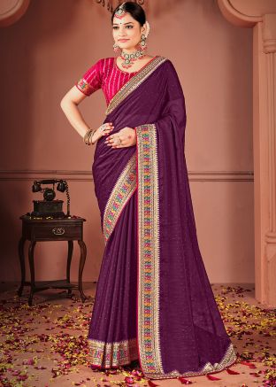 Purple Zari Embroidered Art Silk Saree