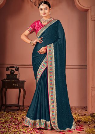 Teal Blue Art Silk Embroidered Saree