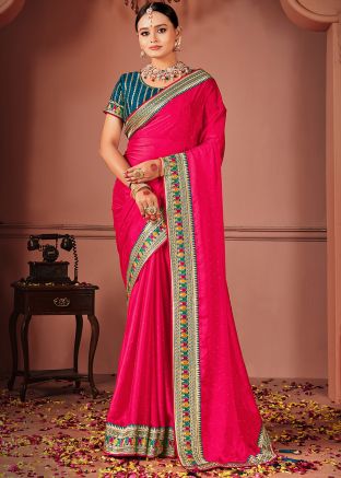 Coral Red Embroidered Art Silk Saree