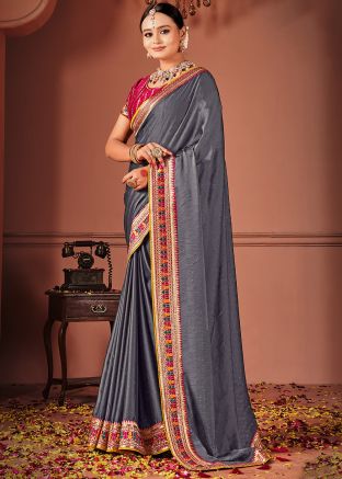 Art Silk Embroidered Grey Saree
