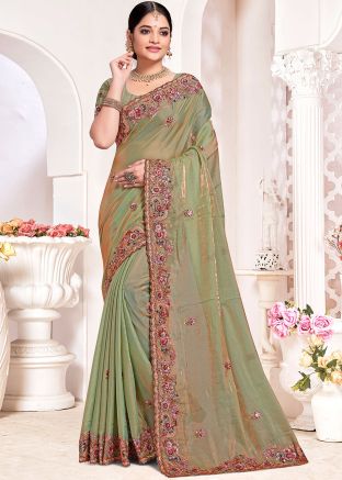 Dual Tone Green Embroidered Silk Saree