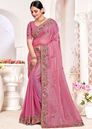 Pink Embroidered Silk Saree & Blouse