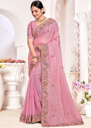 Light Pink Embroidered Silk Saree