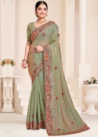 Dual Tone Sage Green Silk Embroidered Saree