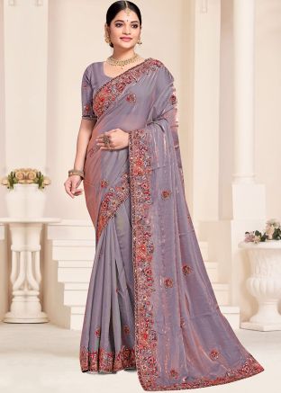 Dual Tone Purple Embroidered Saree In Silk