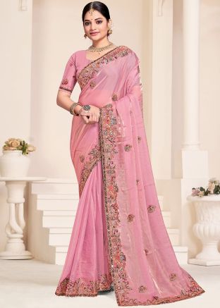 Light Pink Embroidered Silk Saree With Blouse