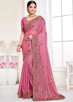 Pink Embroidered Border Silk Saree