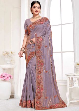 Dual Tone Purple Embroidered Silk Saree