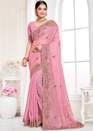 Silk Light Pink Embroidered Saree With Blouse