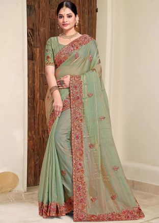 Dual Tone Green Embroidered Border Saree