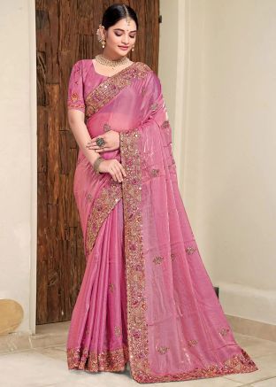 Pink Embroidered Border Saree In Silk