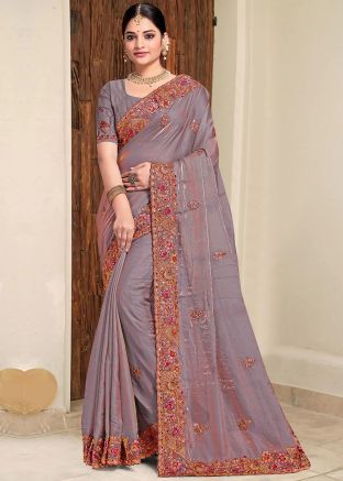 Dual Tone Mauve Purple Embroidered Saree