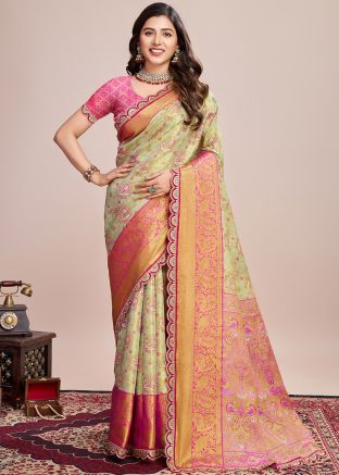 Green Embroidered Border Art Silk Saree