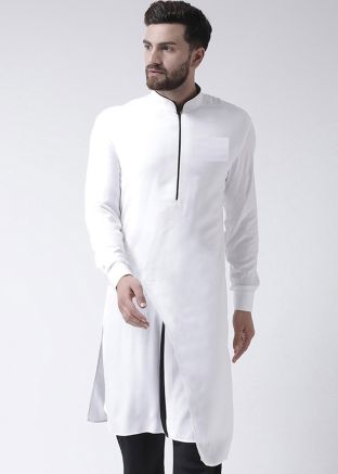 White Overlap Asymmetric Readymade Wedding Kurta For Men