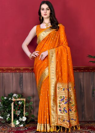Zari Woven Orange Paithani Silk Saree