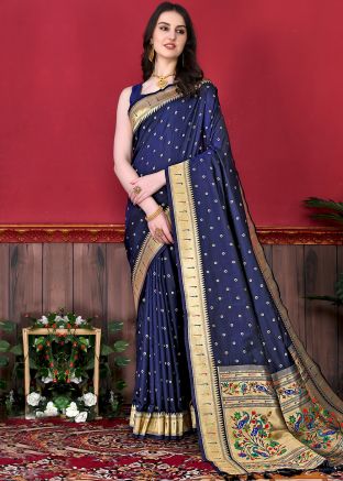 Navy Blue Zari Woven Paithani Saree
