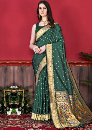 Dark Green Paithani Silk Woven Saree