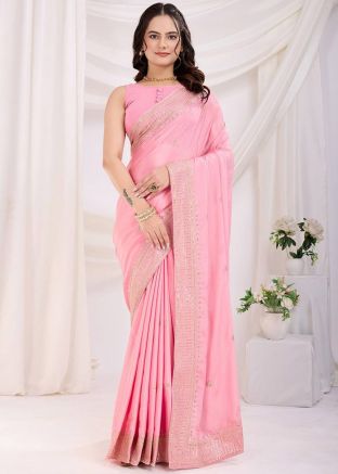 Pink Embroidered Chiffon Saree With Blouse