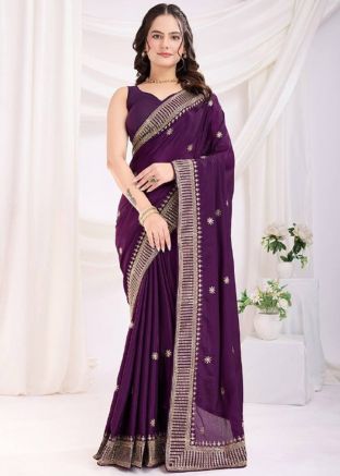 Purple Embroidered Saree In Chiffon