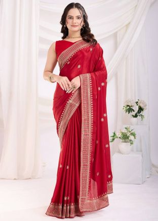 Red Chiffon Zari Embroidered Saree