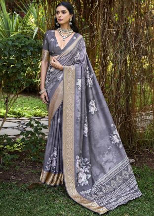 Grey Floral Print Saree In Art Silk